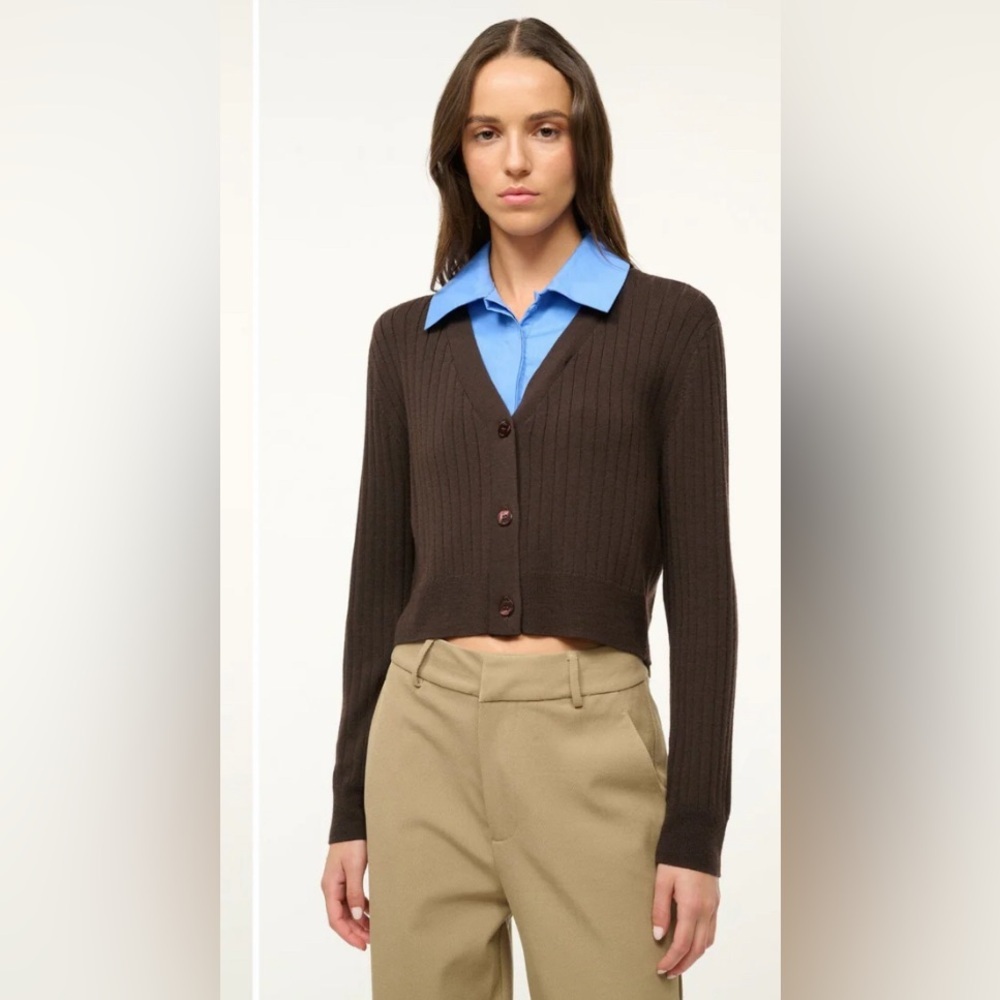 STAUD Wallis Sweater Brown Ribbed V Neck Button Cardigan Blue Inset Collar Small